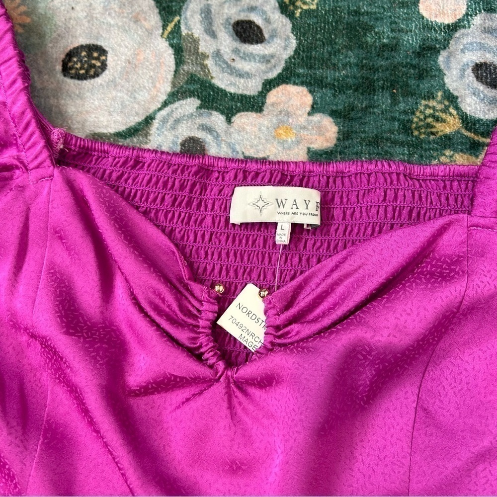 WAYF Blouse Large pink ruffle Sweetheart notch peplum Puff Sleeve Top NWT - Picture 9 of 14